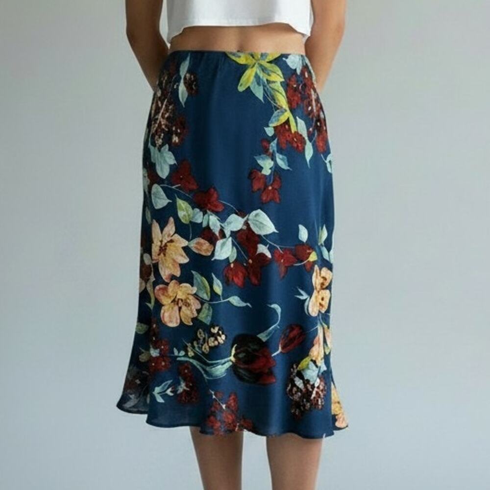 B.O.G Pisa Teal Floral Ruffle Trim Midi Slip Skirt Women's Size S NWT